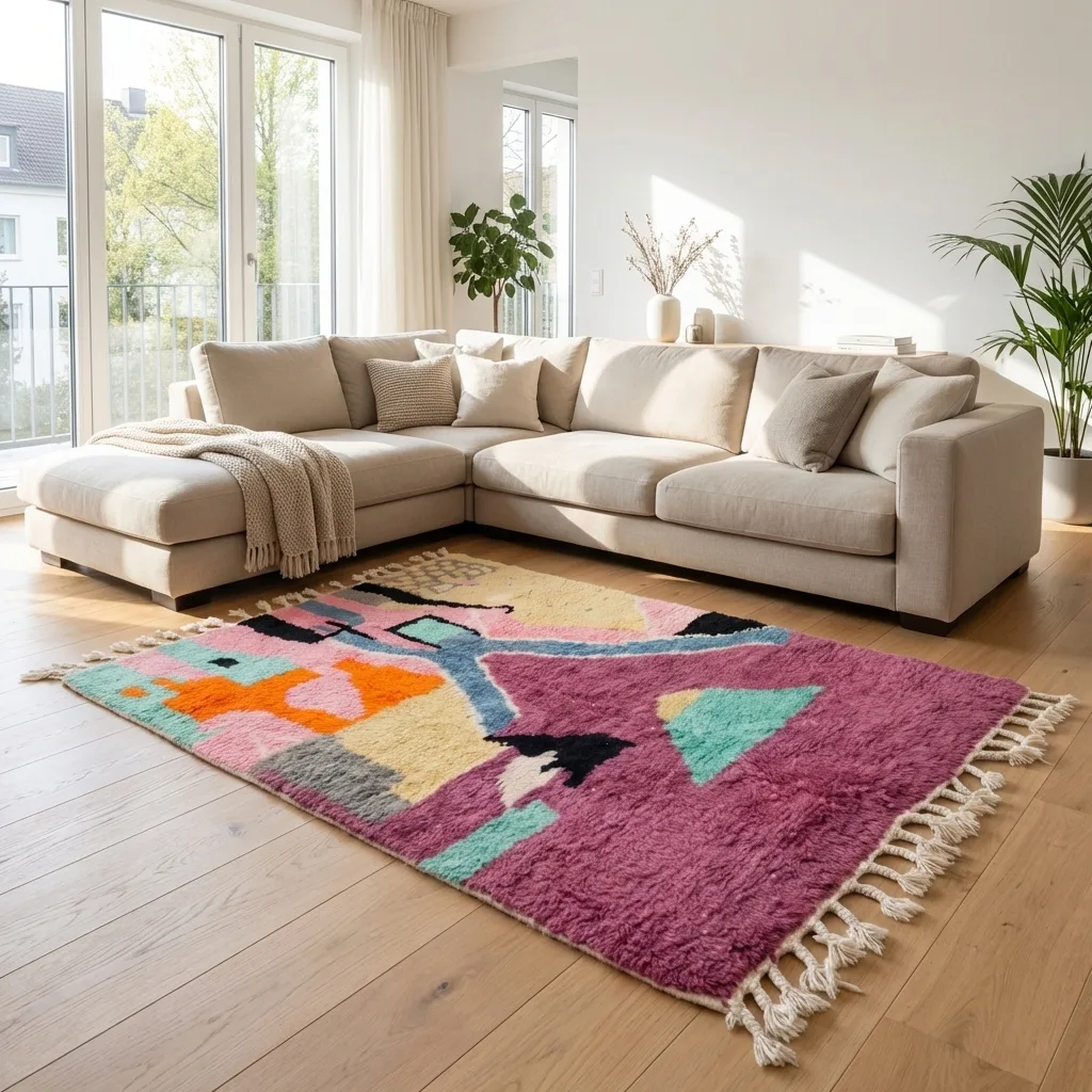 Tapis berbère Boujaad — Fresque Magenta en situation
