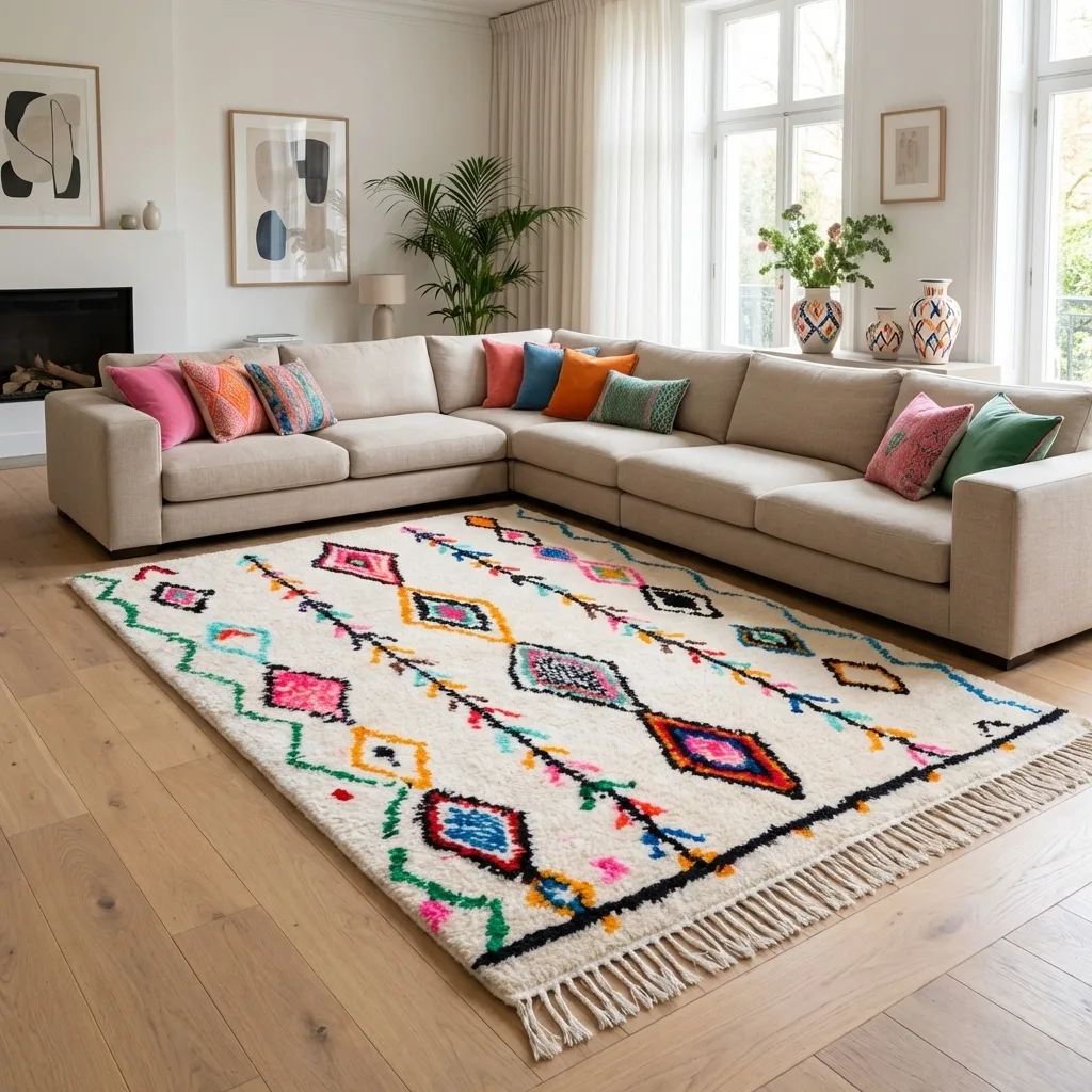 Tapis berbère Azilal — Pendentifs Roses en situation