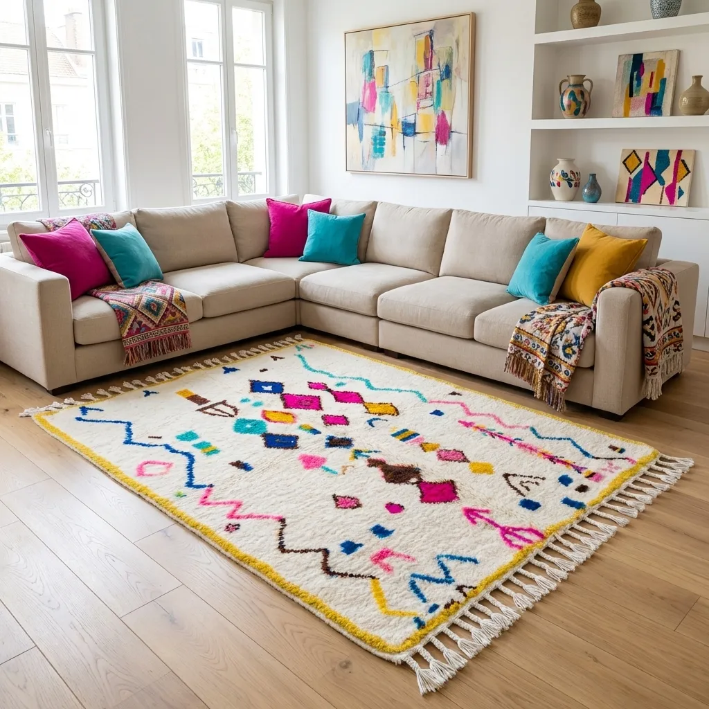 Tapis berbère coloré Azilal — Confettis Dorés en situation