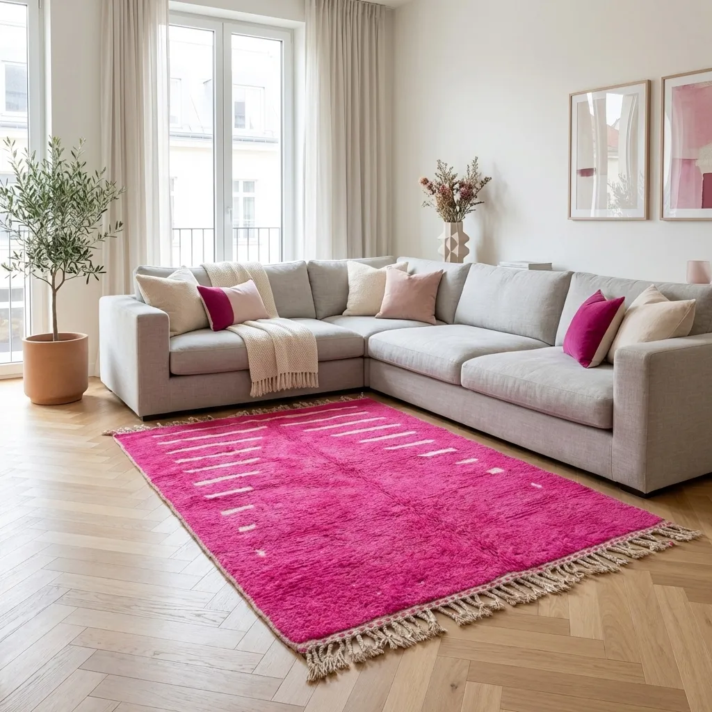 Tapis berbère Beni Ouarain — Feu Fuchsia en situation